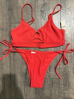 Aerie Bright Red Textured Bikini Set with Ring Detail